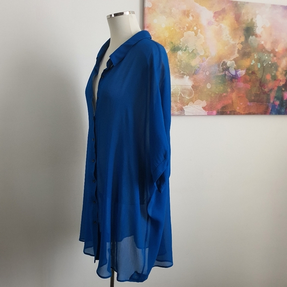 Verge NZ Short Sleeve Sheer Blue Button Down Long Blouse Size XXL - Picture 7 of 12